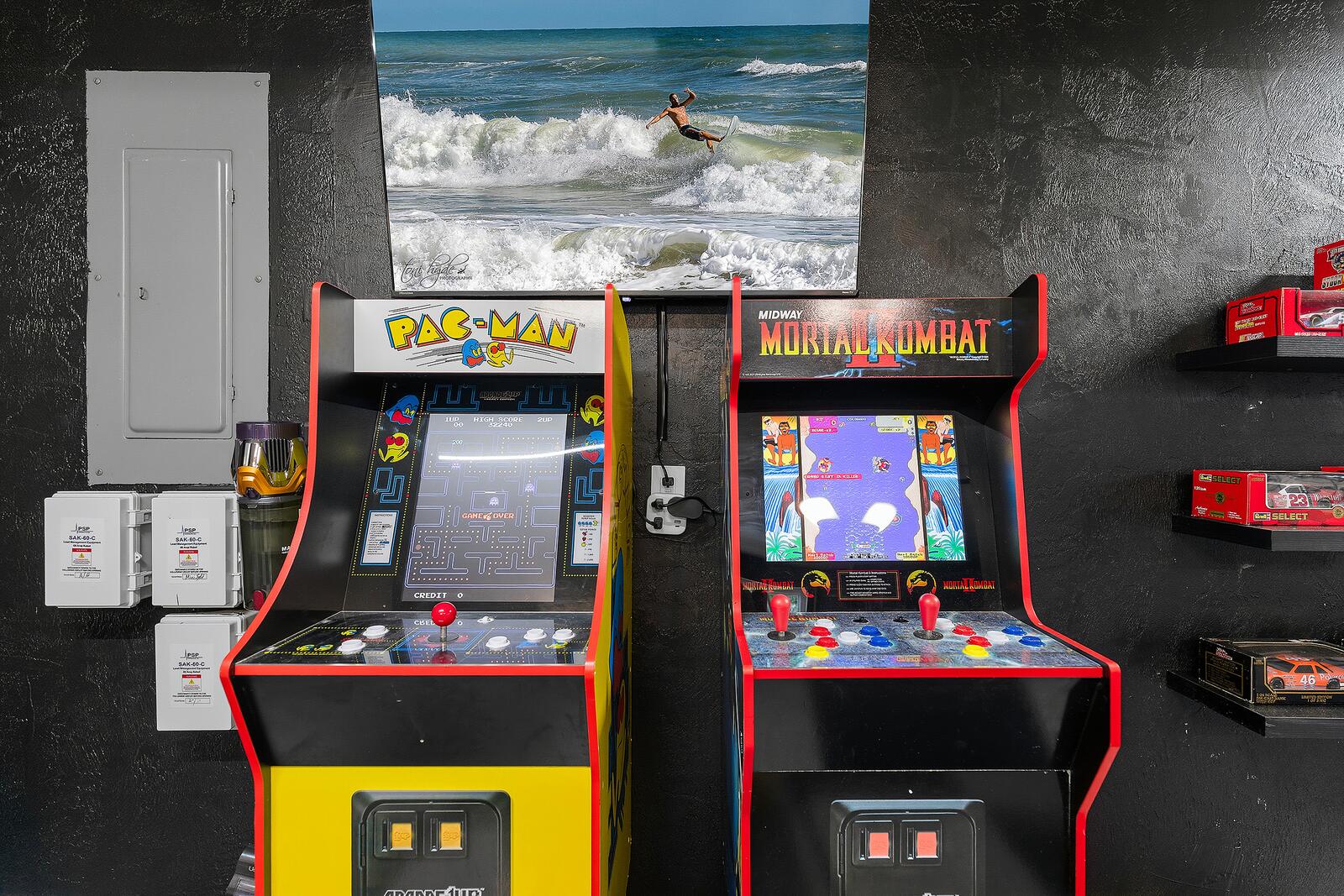 Pac-Man and Mortal Kombat arcade cabinets with die-cast NASCAR display