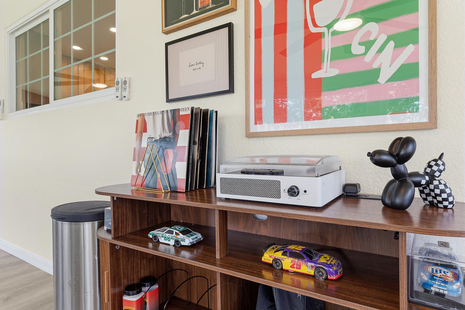 Record player and vinyl collection in the sunroom